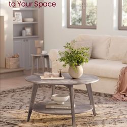 Round Coffee Table, 2-Tier Center Table with Storage, Tapered Legs, Curved Transitions, 31.5 Dia. x 17.7 H Inches,