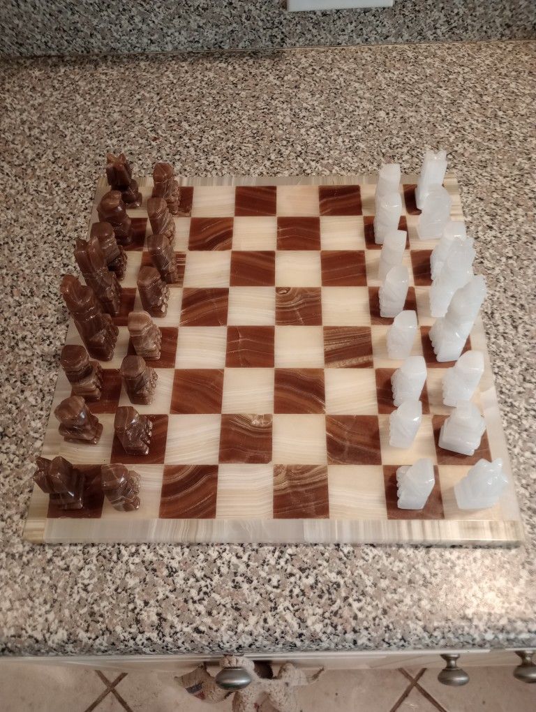 Handmade White And Brown Onyx Marble Stone Chess Game Set Board Handcrafted Carved Mexican Aztec Look
