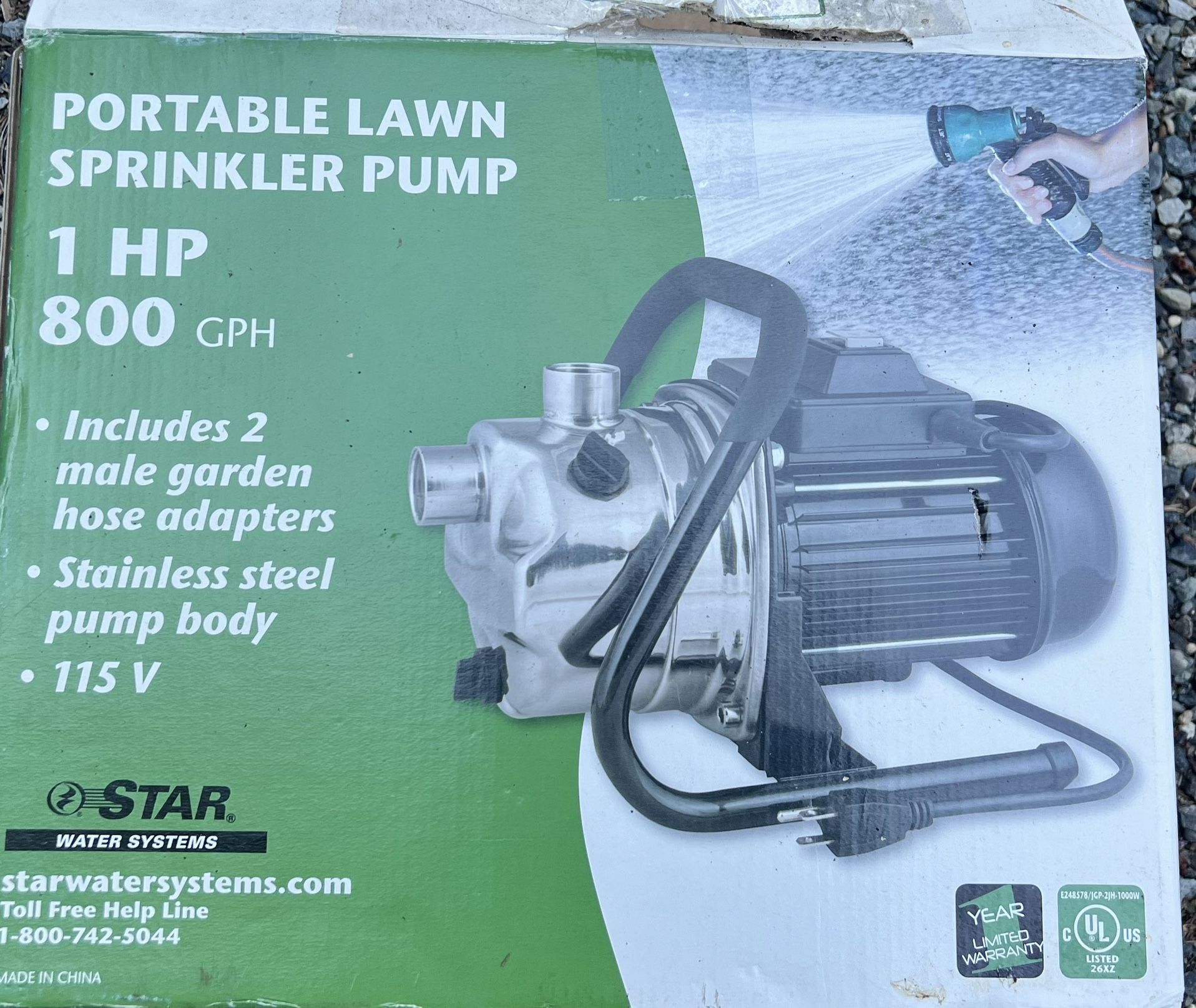 Star Water Systems Portable Lawn Sprinkler Pump, 800 GPH, 1 HP, Model# HSPJ100