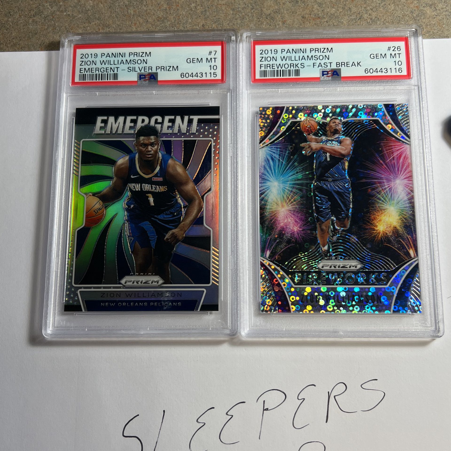 2019 lot of two Gem mint psa 10 zion williamson one Emergent and one Fireworks fast break sparkle 