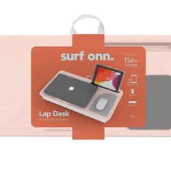 Portable Work Space Fits up to 15.6 " Laptops Conforms to your lap for comfort ◦ Convenient Display Slot for Phone and Tablet Stands . Built in Mouse 