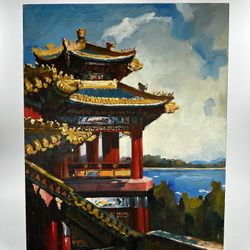 Chinese Landscape Oil On Canvas Painting Chinese Temple Water Scene Unframed