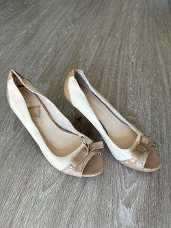 Franko Sarto Beige Peep Toe Pumps with Bow Detail