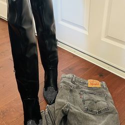 Black Rhinestone Western Boots Women Size 8 Knee High Cowboy Festival Heels