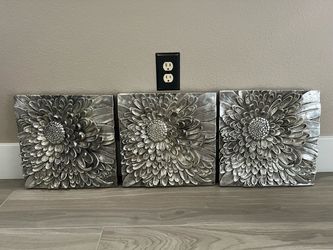 Set of 3 Silver Flower Wall Art Panels
