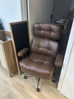 Ergonomic Office Chair, High Back Faux Leather Executive Chairs with Thick Cushion, Comfy Mid-Century Modern Swivel Rolling Computer Armchair (Dark Br