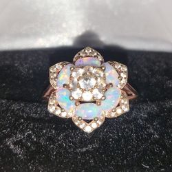 Rose Gold Plated Sterling Silver Opal Flower CZ Accent Ring – Size 6