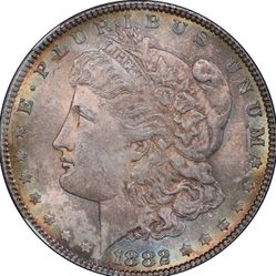 1882 MS 63 US silver Morgan, dollar with a rainbow tone on front and back