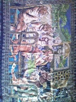 Dog's playing poker passing card under table