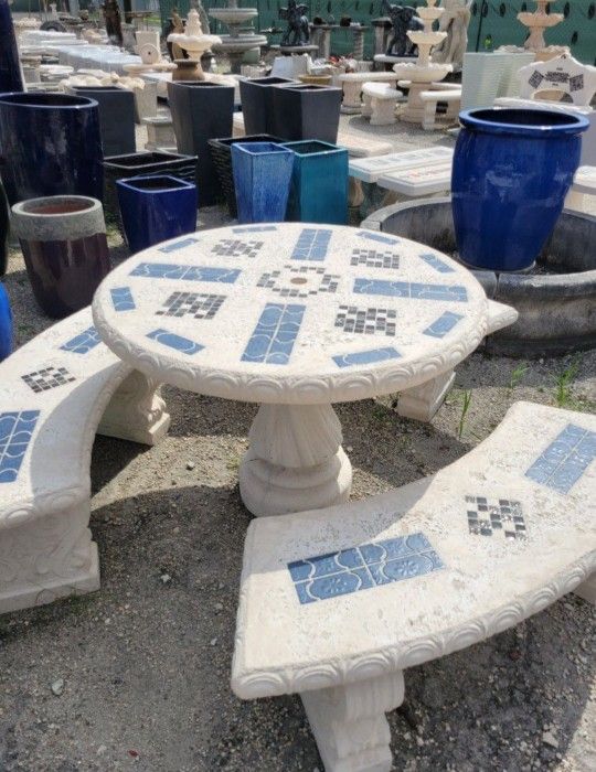 Concrete Mosaic Picnic Table with 3 Benches/ Outdoor Patio Furniture