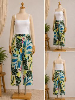 Bamboo Traders Tropical Silk Wide Leg Pants Women Size 14 Resort Beach