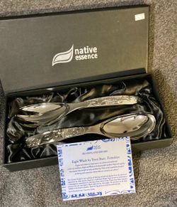 Silver Plated Serving Set Large Spoon + Fork Eagle + Whale Terry Starr Tsimshian Native Essence, 2ea