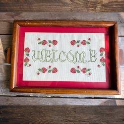Vintage Cross Stitch Needlepoint Serving Tray Wood Glass w/ Handles Strawberry