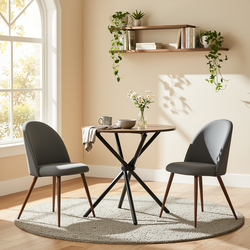 Homy Casa FONTANA+HAVEN 3PC Dining Set 31.5” Round Table with 2 Haven Grey Fabric Chairs Walnut Finish