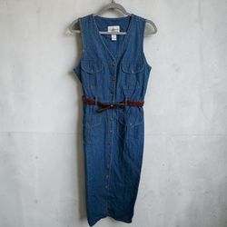 California Gold Rush Blue Denim Cotton Shirt Dress V-Neck Belted Pockets L