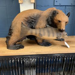 Hand Crafted Wood Bear With Trout