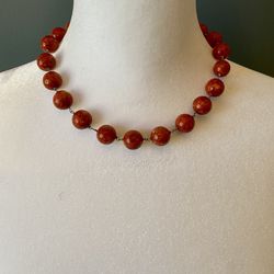 Necklace Red Beads W/connecting Broche 18”
