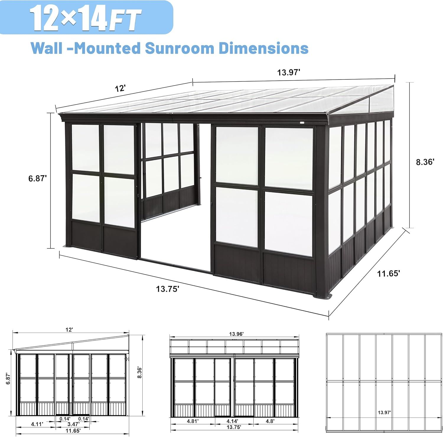 12x14FT All Season Sunroom, Outdoor Permanent Wall Mounted Solarium with Detachable Polycarbonate Windows, Aluminum Lean to Gazebo Sun Room with 2 Loc