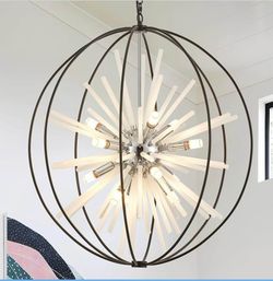 New 31.5in Black Chrome Globe Sputnik Chandelier 12-Light Frosted Glass Tube Adjustable Dimmable