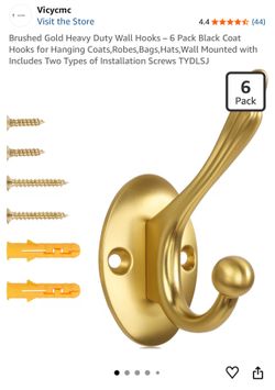 Brushed Gold Heavy Duty Wall Hooks – 6 Pack Black Coat Hooks for Hanging Coats,Robes,Bags,Hats,Wall Mounted with Includes Two Types of Installation Sc