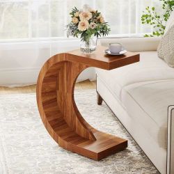 YS0338 C-Shaped End Table, Wood Side Table for Couch Sofa Living Room - Cherry