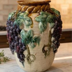: Vintage Ceramic Grape Vine Vase / Decorative Fruit Motif Pottery Vase