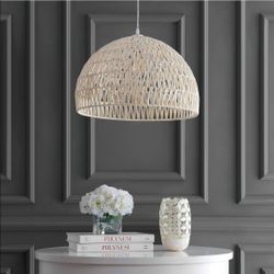 20" Cream Modern Bohemian Woven Rope LED Pendant Light Fixture, Adjustable Dome Ceiling Lamp for Kitchen Island, Rope Shade, Coastal Farmhouse Decor J