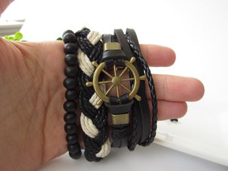 Adjust. Size up to 9.5inc Punk Retro Nautical Leather Bracelet Set of 4, Ship Rudder