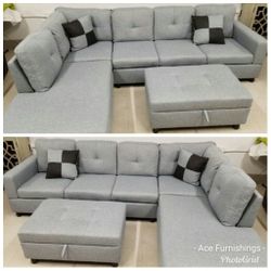 Brand New Light Grey Linen Fabric Sectional With Storage Ottoman 