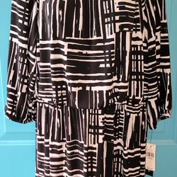 AB Studio Print Peasant Blouson Dress Black/White- Women's Size Large Paid $54 BRAND NEW WITH TAGS