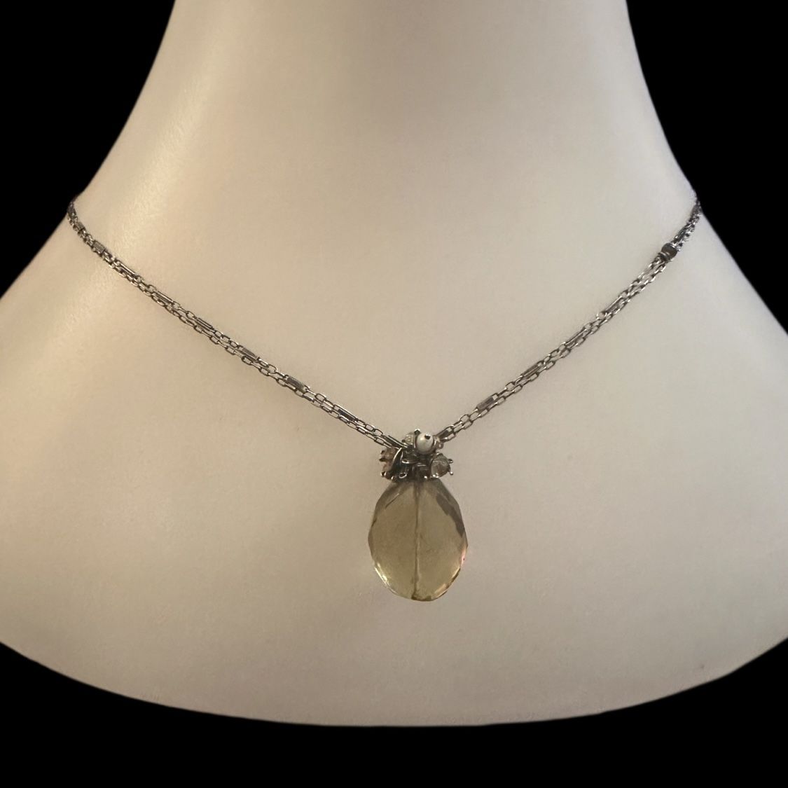 Antiqued Vtg Sterling Silver 17” Necklace Yellow Tourmaline Pearls Onyx Quartz 925