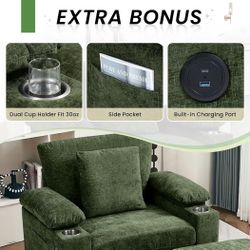 Oversized Accent Chair with Ottoman, Dual Cup Holders& USB Charging Station& Storage Armrest, Comfy Chenille Chaise Lounge Chair Indoor Deep Seat Upho