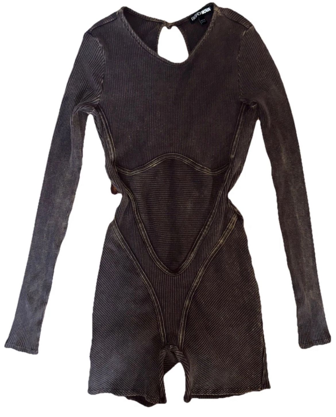 Fashion Nova Women Medium Romper Long Sleeve Ribbed Washed Stretch Body Forming