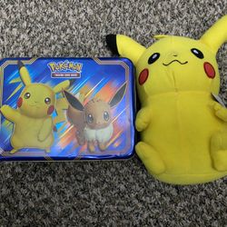 Pokémon Plush Pikachu / Empty Tin Lunch Box 