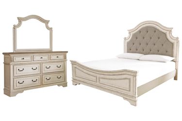 Realyn Queen Upholstered Panel Bed with Mirrored Dresser