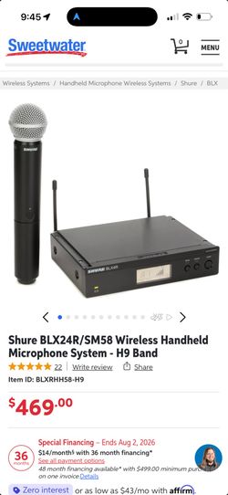 Shire BLX24R-SM58 wireless hand held  microphone system h9 band