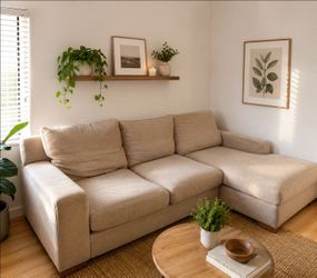 Modern Beige Chaise Sectional Sofa | Deep Seat Lounge Couch | Excellent Condition