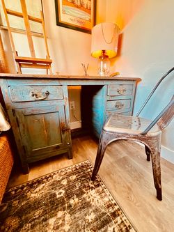 Rustic Distressed Blue Wood Writing Desk