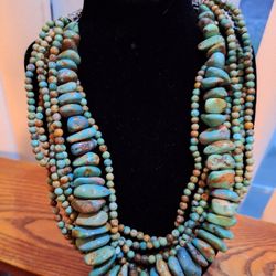 Southwest Style 16-20mm Nugget &4mm Round  Natural Turquoise 6 Strand Necklace 