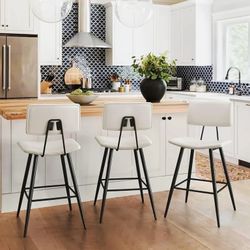 Antique White Leather Barstool Set Of  3 