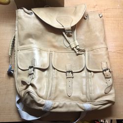 VINTAGE Camel Cigarette Leather Backpack Rucksack TAN 14” Classic Buckles Cinch