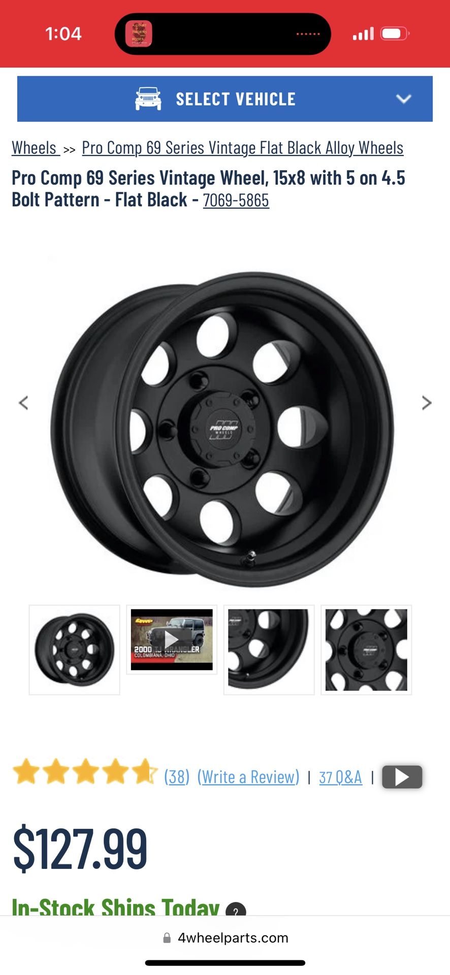 Pro Comp 69 Series Vintage Wheel, 15x8 with 5 on 4.5 Bolt Pattern - Flat Black - 7069-5865