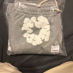 Grey Denim Tear Cotton Wreath Sweat Pants 