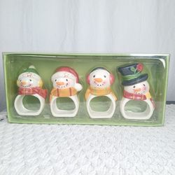 Vtg Holiday Christmas Nostalgia Snowman Ceramic Napkin Rings Holder Set of 4