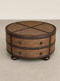 Unique round trunk, drum-style coffee table with built-in storage