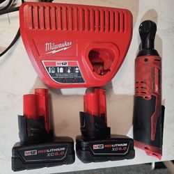 M12 12V Lithium-Ion 3/8 in. Cordless Ratchet with M12 XC High Output 5 Ah Battery (2-Pack)
