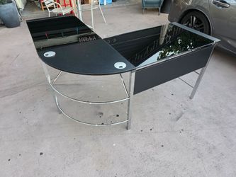 L-Shaped black tempered glass desk with metal frame read description for details LIKE NEW
