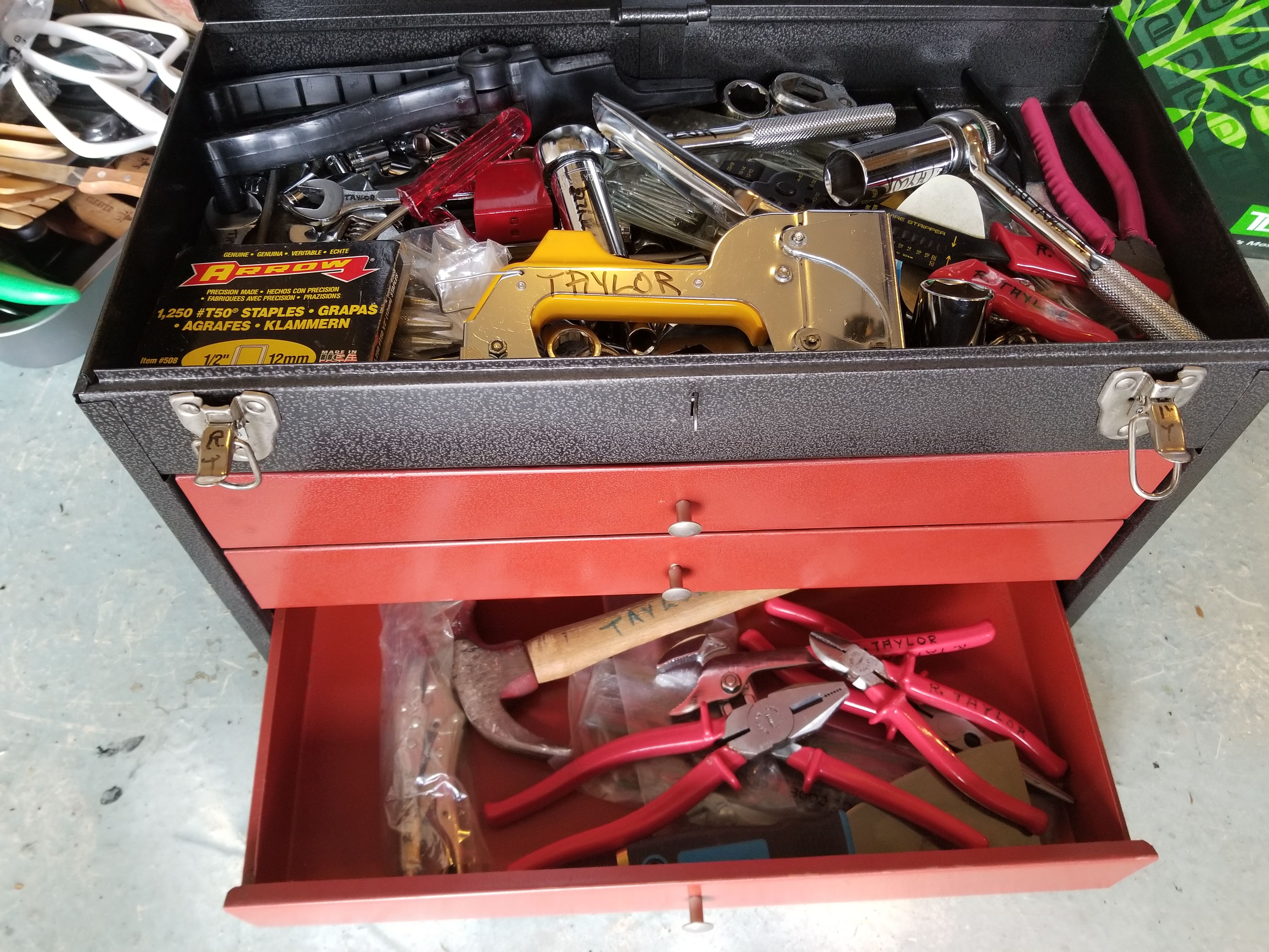 Tool box with tools: wrenches, pliers, screw drivers and much more