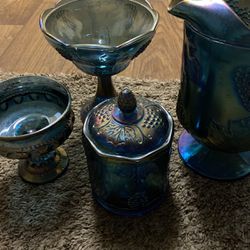 Vintage Blue Carnival Glass Set