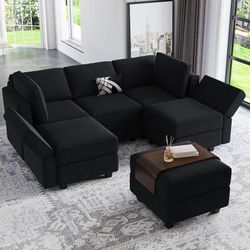 92" 6 Seats Modular Sectional Sleeper Sofa with Storage, Black FSC-certified hardwood frame, Pet-friendly velvet upholstery, Adjustable backrests and 